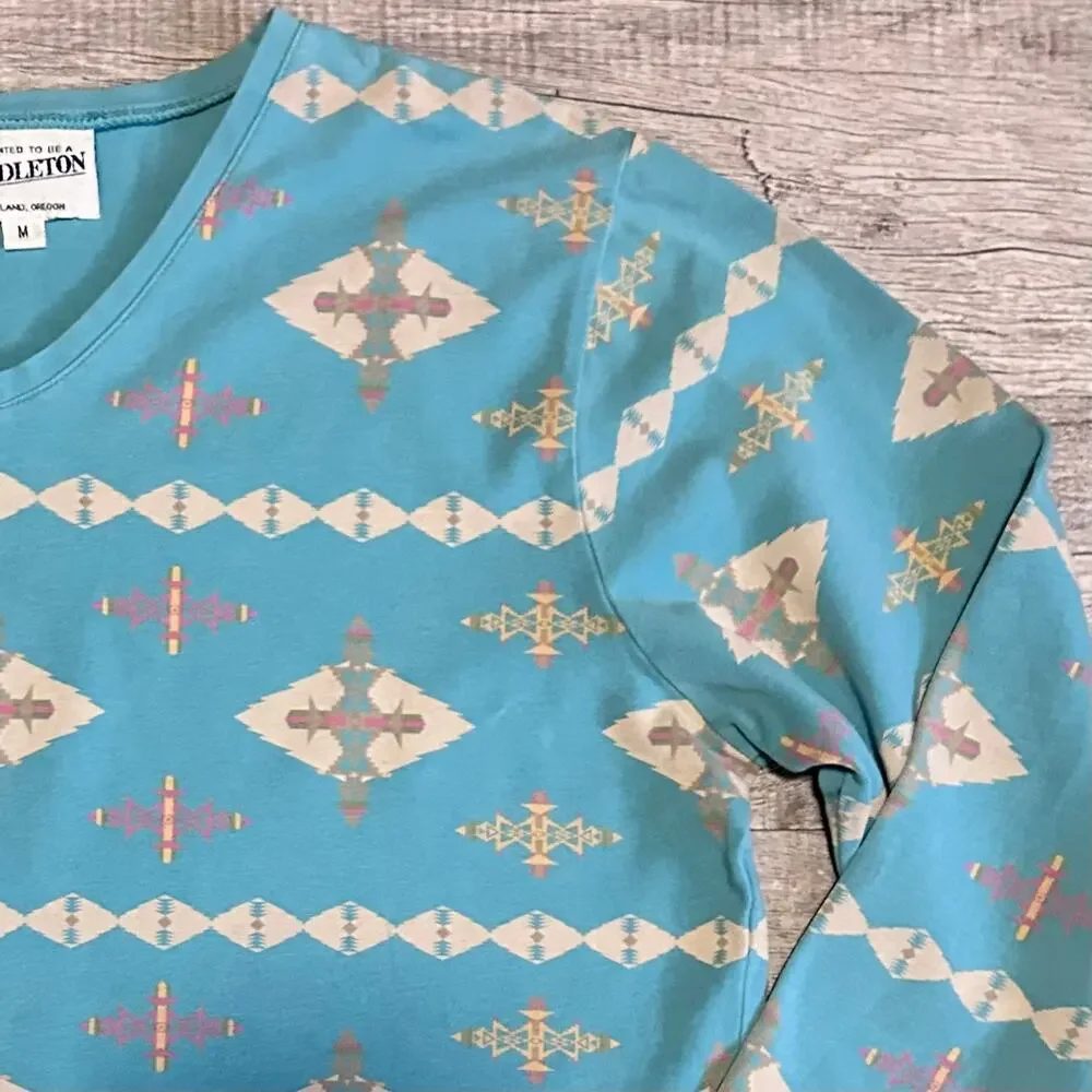 Pendleton Aztec Print V Neck Shirt Womens M 3/4 Sleeve Blue Teal Southwestern - Picture 3 of 6